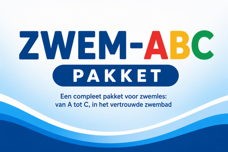 “Promotionele afbeelding met de tekst ‘ZWEM-ABC PAKKET’ en daaronder ‘Een compleet pakket voor zwemles: van A tot C, in het vertrouwde zwembad’. Onderaan staan blauwe golven.”